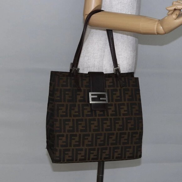 FENDI Zucca Canvas Mamma Baguette Tote Bag Black Brown Auth 147540 - Picture 1 of 16